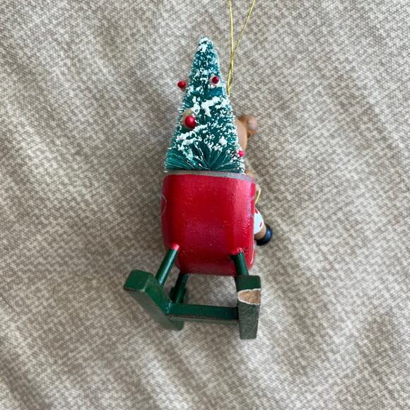Vintage Hand Painted Teddy Bear on a Sled w/ Christmas Tree Ornament 4" - Picture 4 of 7